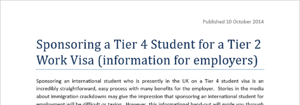 Leaflet for employers explaining Tier 4 (student) to Tier 2 (work) transition