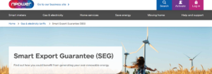 Cropped screenshot of npower Smart Export Guarantee (SEG) page