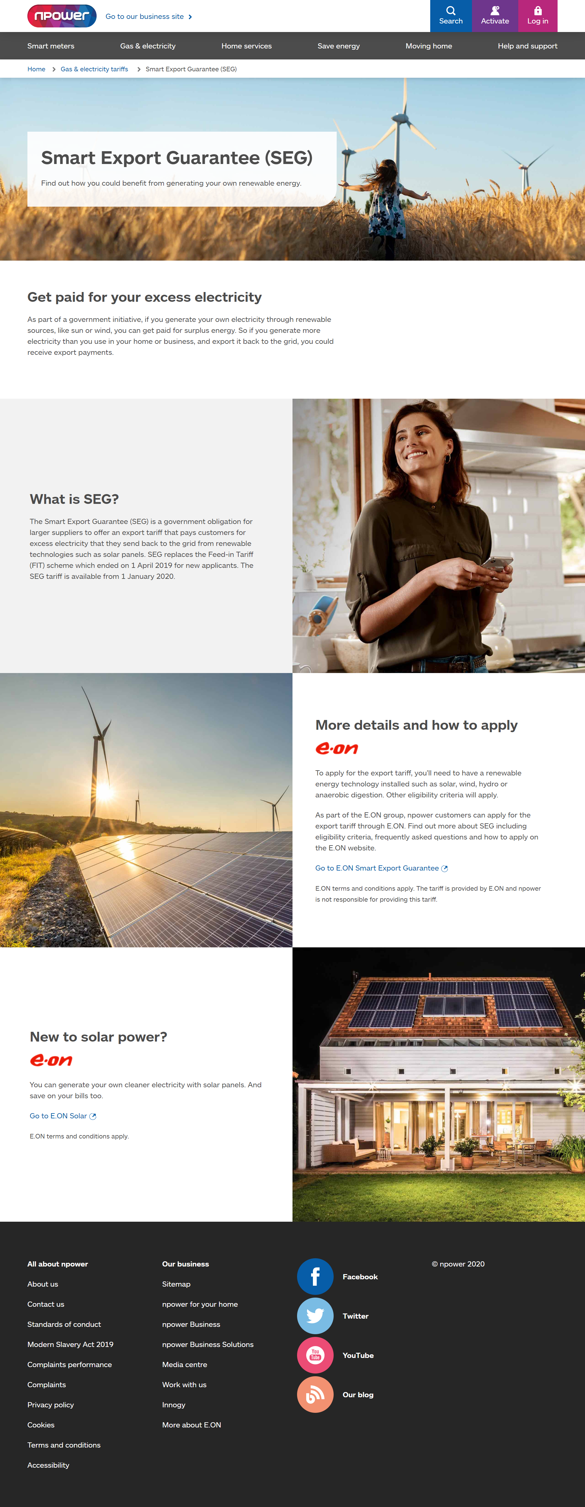 Screenshot of power Smart Export Guarantee (SEG) page