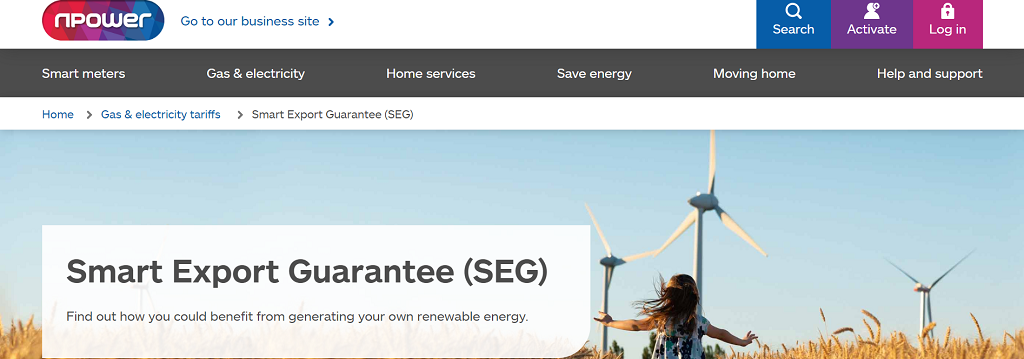 Cropped screenshot of npower Smart Export Guarantee (SEG) page
