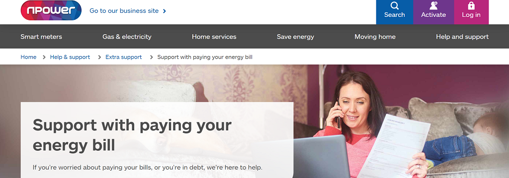 Cropped screenshot of npower Support with paying your energy bill page